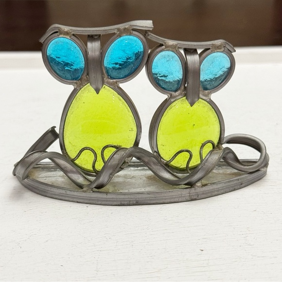 Adorable Stained Glass Sun Catcher Owls Window Lead Metal Vintage - Picture 2 of 12